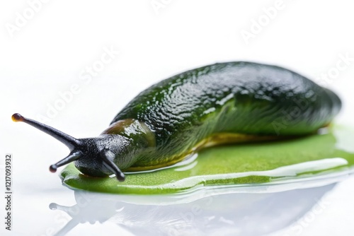 A lone, greenish-black slug lies motionless on a pristine white background, its slimy trail slowly dripping down the surface, pattern, slime drips, animal, slimy substance