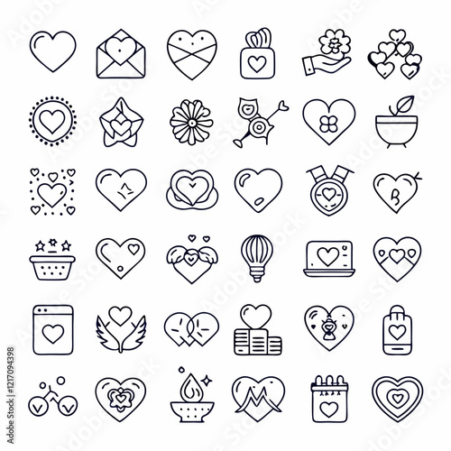 Love line icons set. Happy Valentine day signs and symbols. Love, couple, relationship, dating, wedding, holiday, romantic amour theme. Heart, lips, gift.