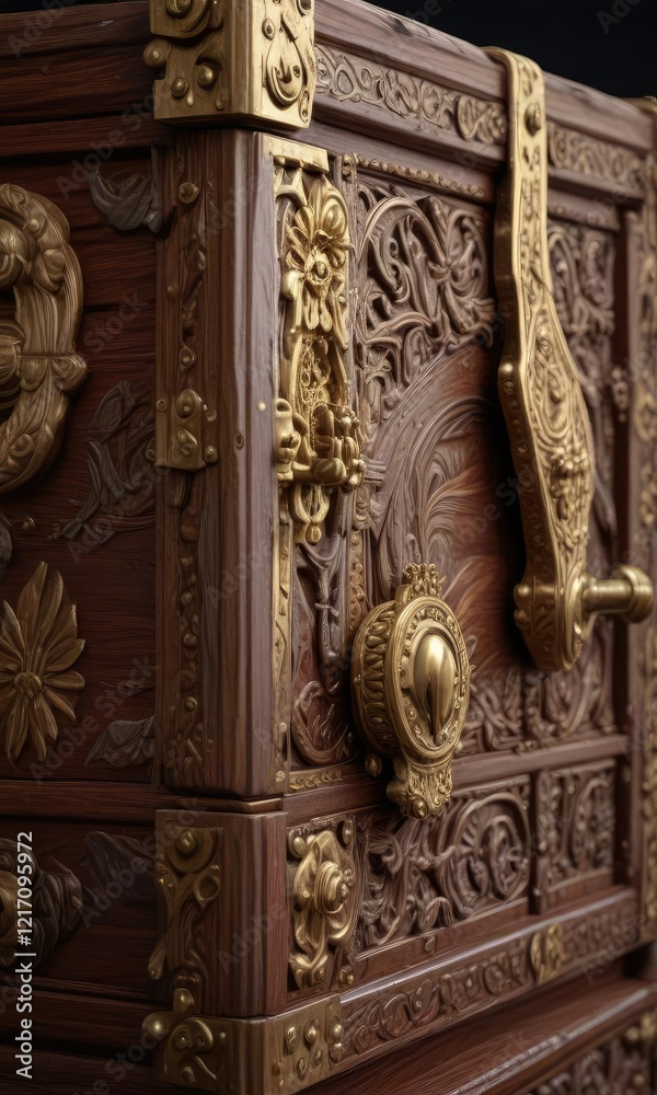 A large, intricately carved wooden chest adorned with golden hinges and latches, antique item, vintage decoration, luxurious craftsmanship A large, intricately carved wooden chest adorned with golden hinges and latches, antique item, vintage decoration, luxurious craftsmanship