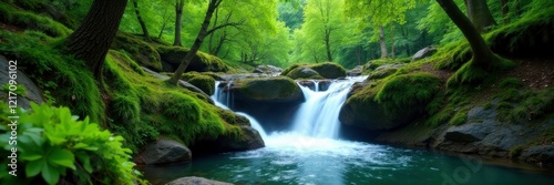 Emerald moss and tree foliage on rocky waterfalls, rocky, tree, nature