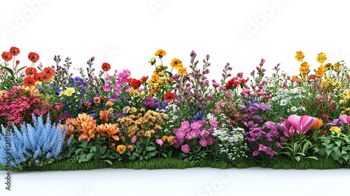 3D render colorful variety of flower garden on white background with clipping path