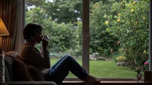 Woman enjoy a quiet moment of reflection by the window sipping her tea