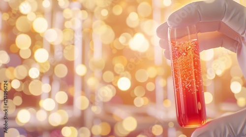 Glove Holds Infused Red Tube Amid Golden Bokeh Lights. photo