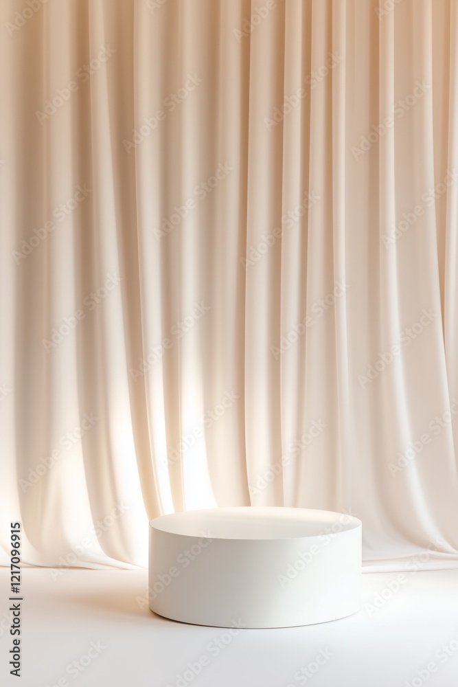 Minimalist Product Display: A pristine white cylindrical podium sits center stage against a backdrop of elegantly draped beige curtains, bathed in soft, natural light. Minimalist Product Display: A pristine white cylindrical podium sits center stage against a backdrop of elegantly draped beige curtains, bathed in soft, natural light.