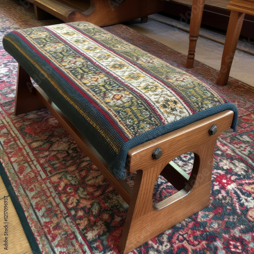 A wooden prayer kneeler with an ornate, patterned cushion, placed on a richly textured carpet in a peaceful setting photo