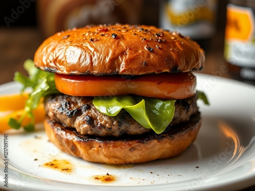 an image of a hamburger with lettuce and tomato on a plate. photo