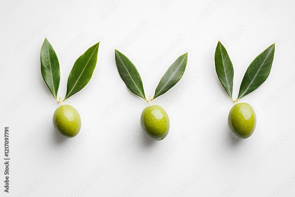Three green leaves with lime slices at the center of each leaf, arranged in a row against a white background. Three green leaves with lime slices at the center of each leaf, arranged in a row against a white background.