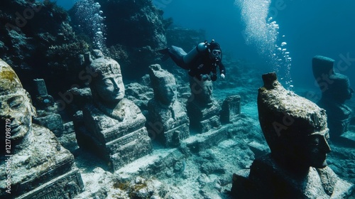 man in diving suit under the sea watching sunken ancient sculptures photo