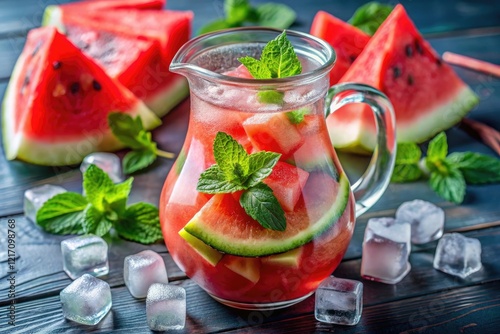 A colorful pitcher filled with watermelon slices and mint leaves surrounded by ice cubes, colorful glasses, summertime fun, kitchen table, ice cube tray