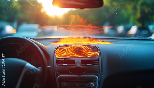 Dashboard of a sleek car showcasing visible heatwaves in a sweltering environment, emphasizing the impact of extreme heat on urban life.