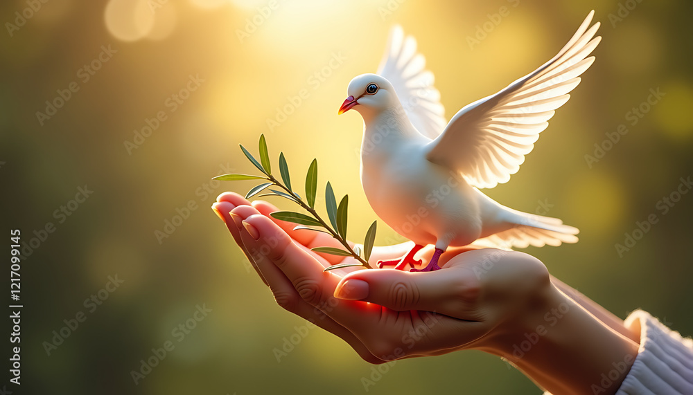 Fototapeta premium white dove perched on a hand holding an olive branch with glowing sunlight in the background