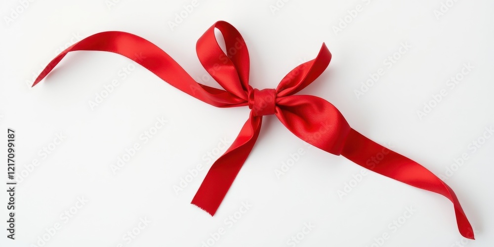 A vibrant red satin ribbon elegantly tied in a single bow, showcasing its luxurious texture and smooth curves against a pristine white backdrop. A vibrant red satin ribbon elegantly tied in a single bow, showcasing its luxurious texture and smooth curves against a pristine white backdrop.