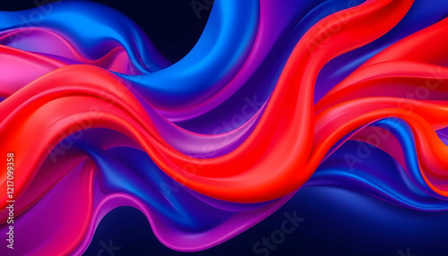 Abstract fluid waves, vibrant red and blue colors, smooth undulating shapes, dynamic swirling pattern, neon glow effect, liquid motion, psychedelic art, digital painting, high contrast, saturated hues