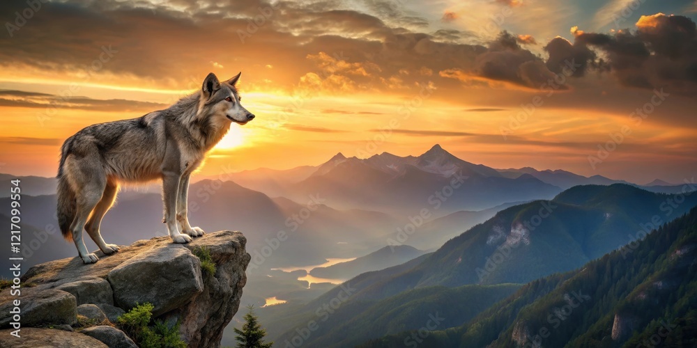 Naklejka premium A wolf stands on a cliff's edge at sunset with mountains in the background , nature, wolf, nature, wolf, mountain