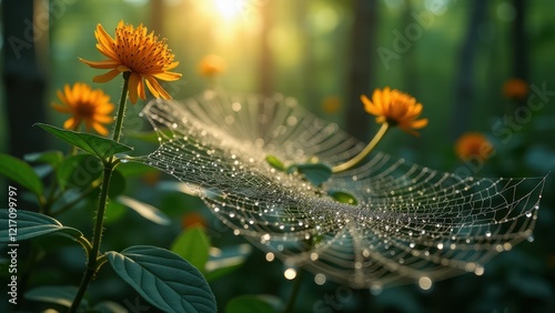 Spiderweb with water droplets among pink flowers	