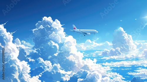 Airplane concept flying against blue sky.