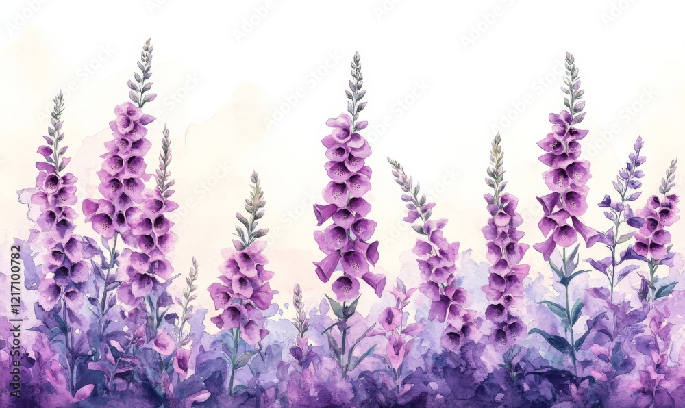Naklejka premium Serene watercolor foxgloves in purple hues delicate and elegant floral arrangement