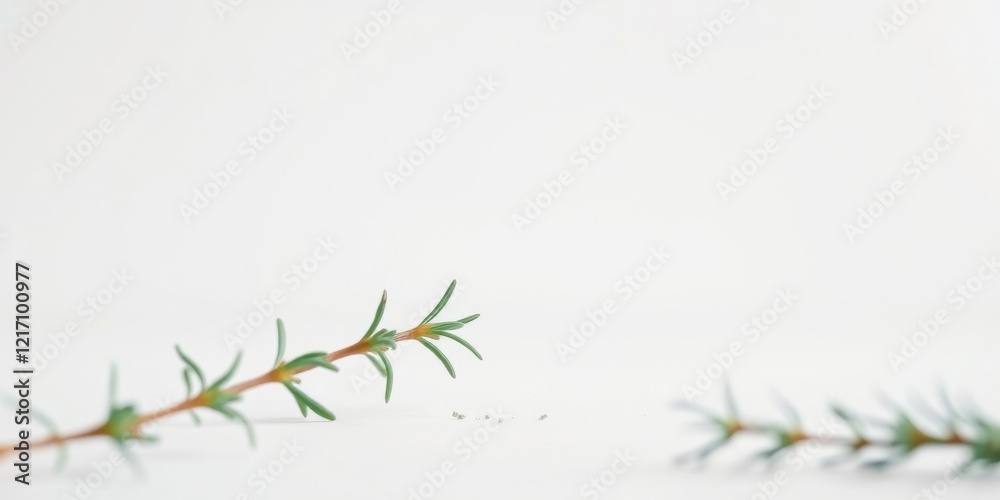 Obraz premium Minimalist sprig arrangement on white background, showcasing delicate green plant stems and small leaves