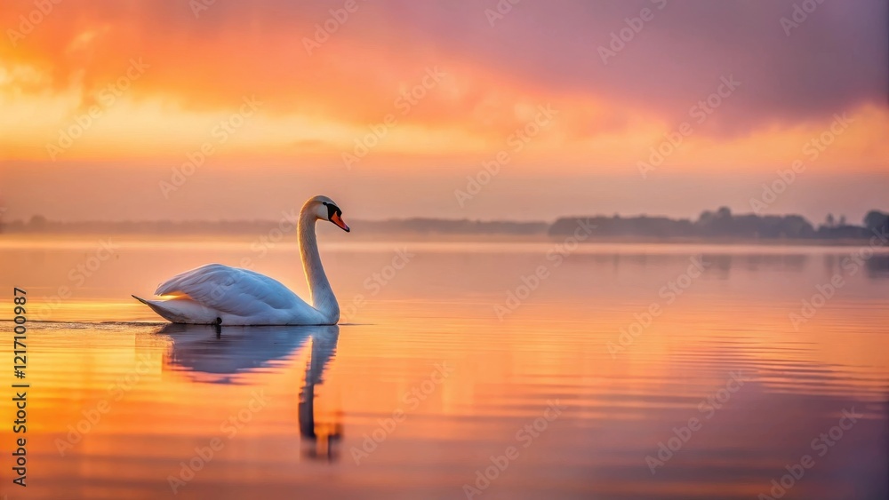 Fototapeta premium A serene swan glides effortlessly across the calm water's surface as morning sunrise slowly creeps over the horizon with hues of pink and orange, dawn, wildlife