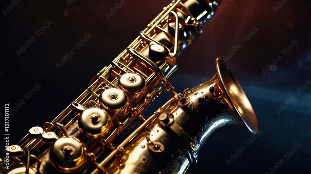 Fototapeta premium Close-Up of a Beautifully Crafted Saxophone Glimmering in the Spotlight, Showcasing Its Intricate Details and Reflective Surfaces, Perfect for Jazz and Music Themes in Visual