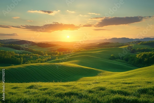 Sunset over rolling green hills, where the setting sun casts a warm light on the landscape, creating a serene and beautiful view.