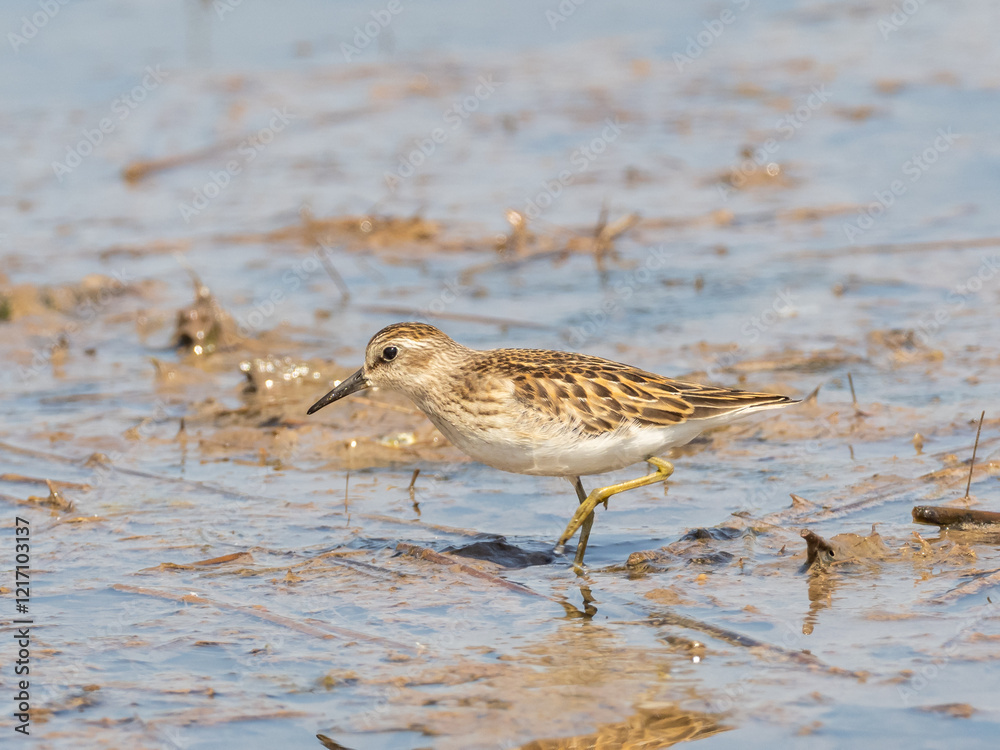A juvenile Least Sandpiper feeding in shalllow mud A juvenile Least Sandpiper feeding in shalllow mud