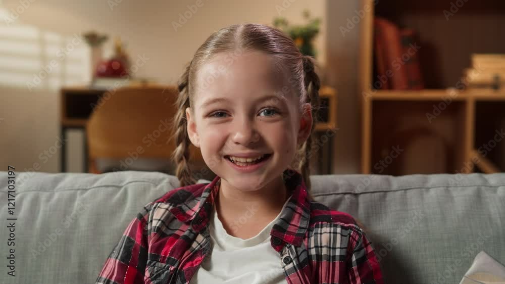 Caucasian little teen girl daughter child kid European teenager schoolgirl at home indoor smiling laughing glad joy rejoice fun humorous laugh positive carefree smile looking at camera portrait family Caucasian little teen girl daughter child kid European teenager schoolgirl at home indoor smiling laughing glad joy rejoice fun humorous laugh positive carefree smile looking at camera portrait family