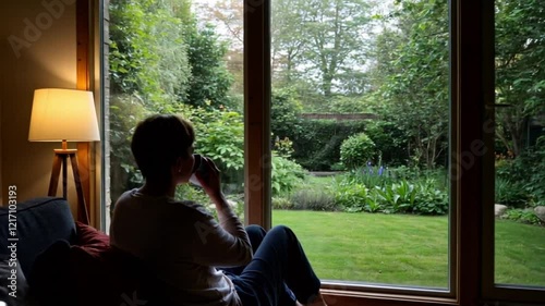 Relaxing morning with a cup of coffee and view of lush backyard garden