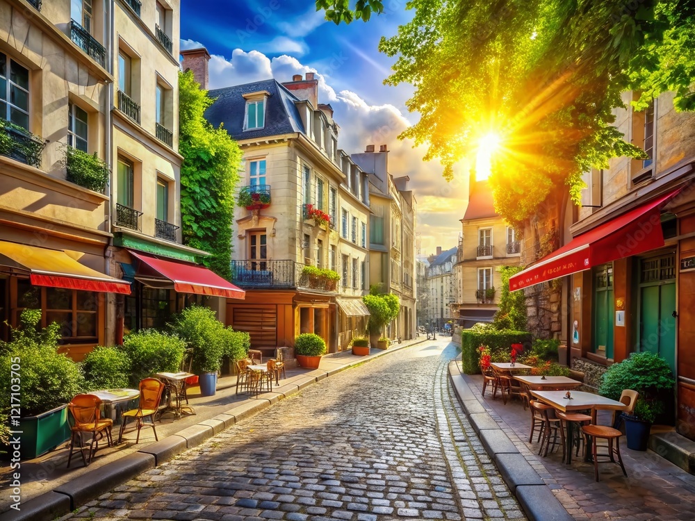 Naklejka premium Sunny Parisian Street Scene: Charming Buildings & Cobblestone Road