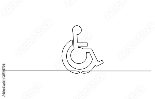 Continuous one line drawing. Disabled man on wheelchair, Vector illustration total editable, choose thickness and place of line, One continuous line drawing illustration.