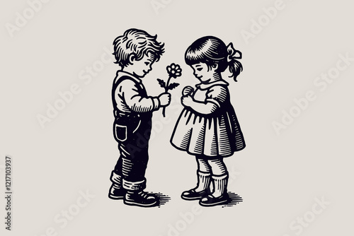 Boy giving a girl a flower, simple vintage vector engraving art