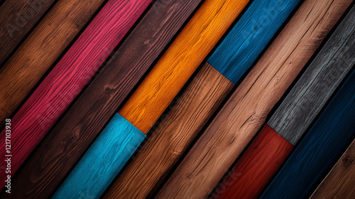 Colorful wooden planks arranged diagonally, showcasing vibrant textures and patterns. photo