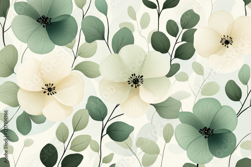 Scandinavian-inspired floral pattern featuring abstract blooms and leaves in soothing sage green and pale cream shades