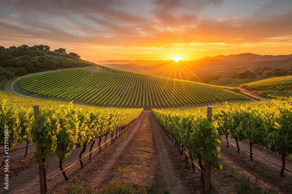 Naklejka premium Sunset over rolling vineyards, where the rows of grapevines are bathed in the warm glow of the setting sun, creating a serene and picturesque scene.