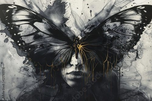 Elegantly draped butterfly face fusion art.