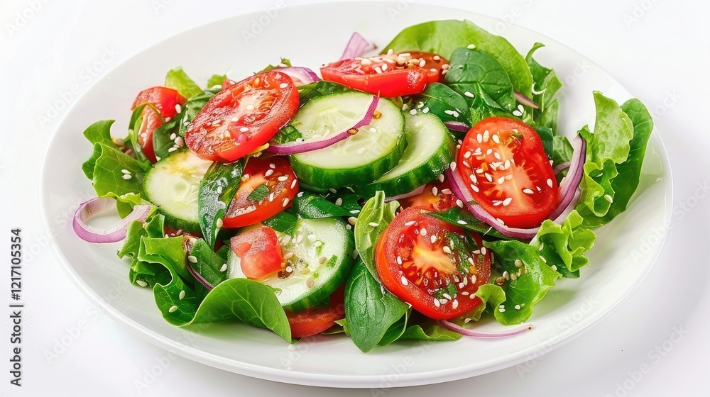 Healthy salad of fresh tomatoes, cucumbers, onions, spinach, lettuce and sesame seeds on a plate. Diet menu. Healthy salad of fresh tomatoes, cucumbers, onions, spinach, lettuce and sesame seeds on a plate. Diet menu.