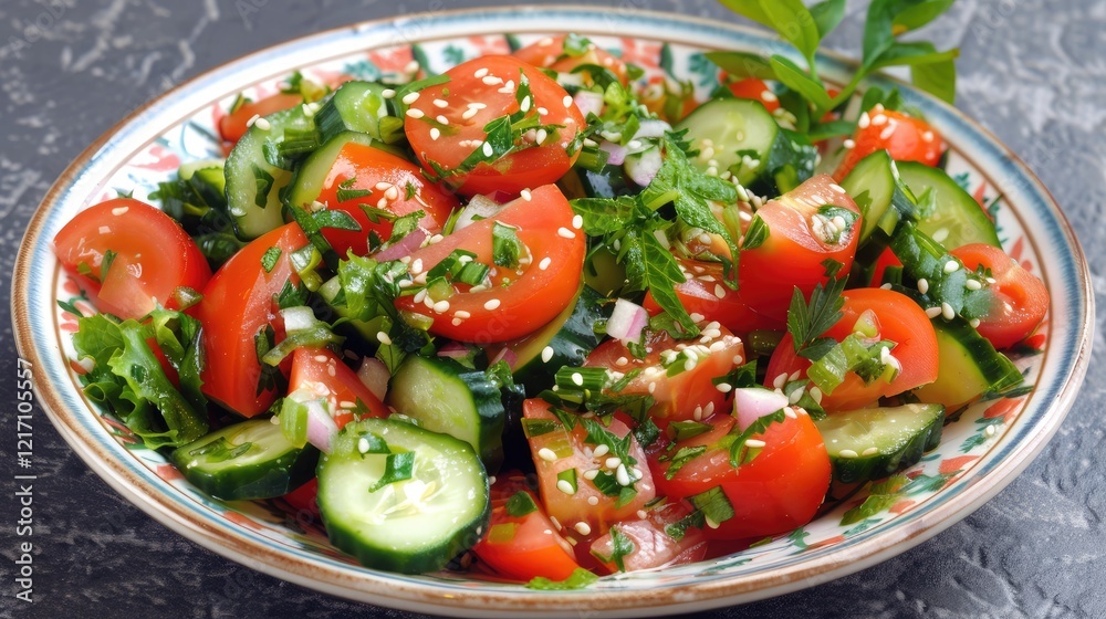 Healthy salad of fresh tomatoes, cucumbers, onions, spinach, lettuce and sesame seeds on a plate. Diet menu. Healthy salad of fresh tomatoes, cucumbers, onions, spinach, lettuce and sesame seeds on a plate. Diet menu.