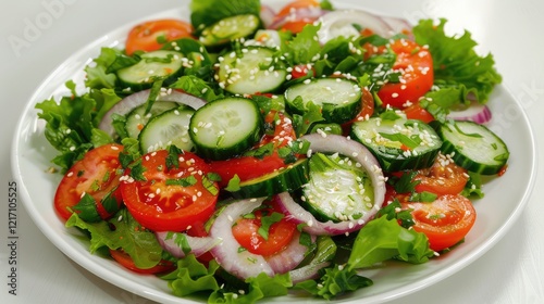 Wallpaper Mural Healthy salad of fresh tomatoes, cucumbers, onions, spinach, lettuce and sesame seeds on a plate. Diet menu. Torontodigital.ca
