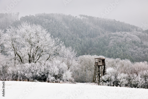 Hunting hide in winter forest. Misty landscape. Mountain Vrsatec, Slovakia