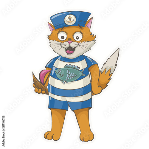 Sailor Cat in a striped suit with a fish on the front carrying a toy boat
