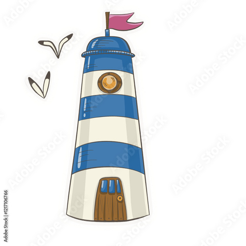 Striped blue and white Lighthouse with seagulls