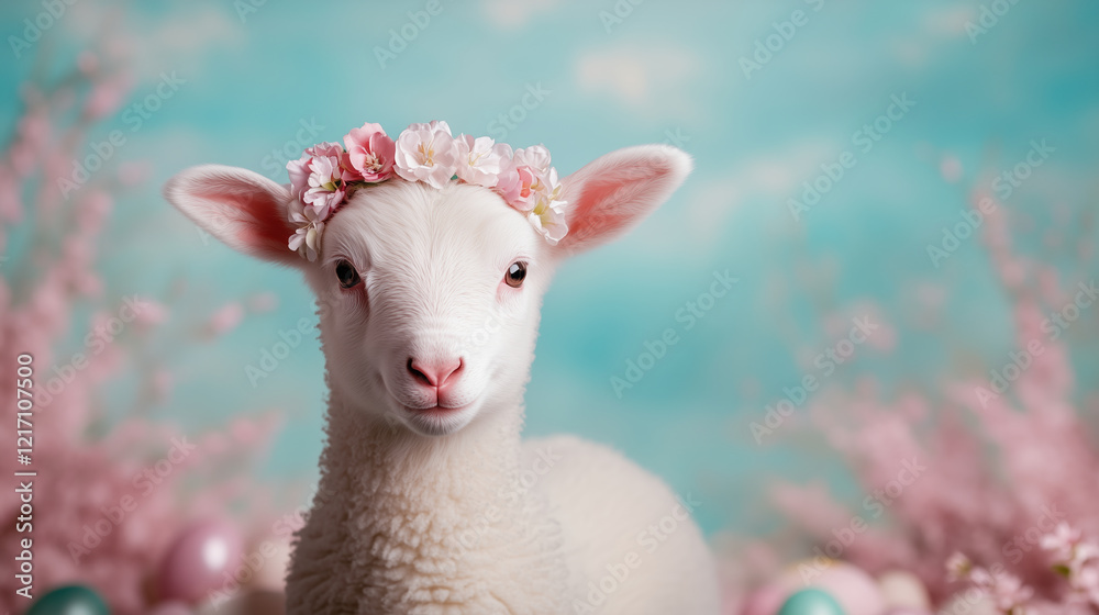 Obraz premium Lamb with flower crown on turquoise background. Spring and easter content