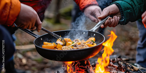 Campfire Cooking: Meat and Vegetable Stir-fry in Skillet