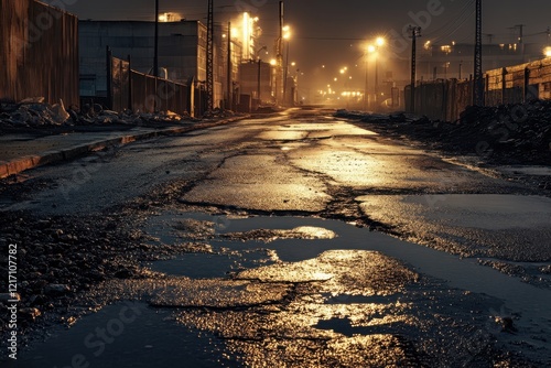 Industrial Road with Dramatic Lighting and Fresh Repairs