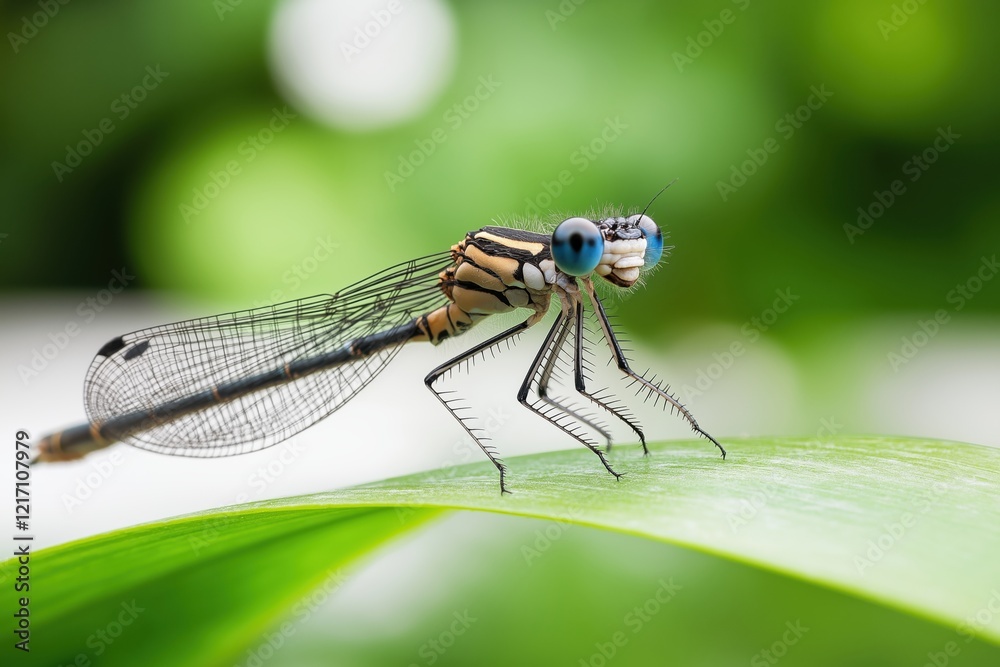 Damselfly expertly camouflaged behind a blade of grass in a lush green environment Damselfly expertly camouflaged behind a blade of grass in a lush green environment