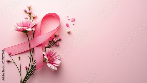 Pink ribbon intertwined with blooming flowers symbolizing unity and appreciation with copy space
