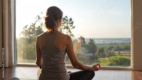 Woman practicing meditation at home by the window in a peaceful morning