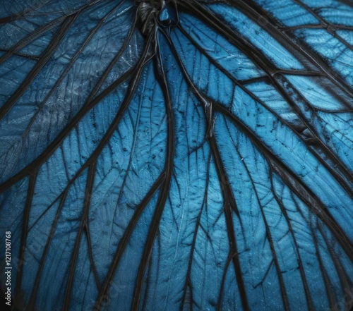 A close-up of blue butterfly's wings with veins and scales , colorful wings, insect anatomy