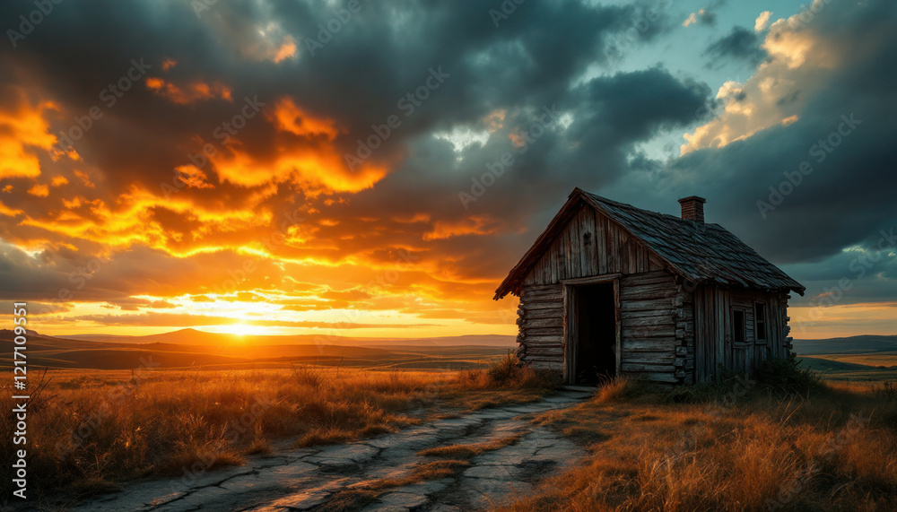 A hyper-realistic scene of an old hut in a field, with the sky dramatically lit by the setting sun. The golden and fiery colors of the sunset contrast with dark, stormy clouds overhead. The hut's wood A hyper-realistic scene of an old hut in a field, with the sky dramatically lit by the setting sun. The golden and fiery colors of the sunset contrast with dark, stormy clouds overhead. The hut's wood