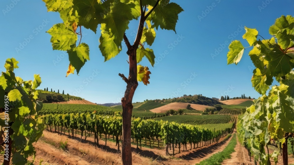 Naklejka premium Breathtaking View of a Sunny Vineyard Landscape with Lush Green Grapevines and Rolling Hills Under a Clear Blue Sky in the Heart of Wine